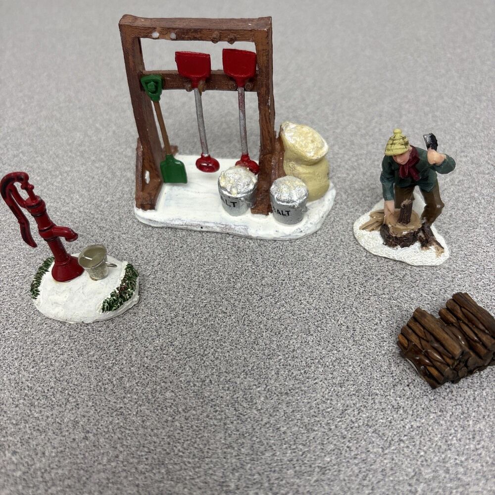 Lemax Christmas Village Lot Of 4, Shovels And Salt, Wood Chopping, Water Pump